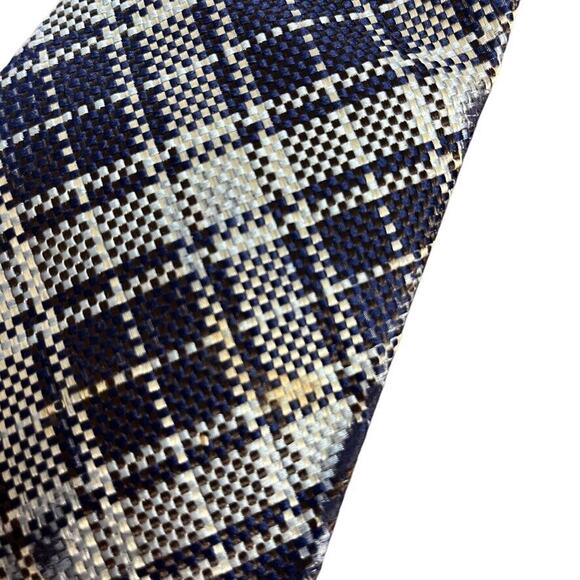 YSL Yves Saint Laurent FLAWED Mens Vintage Plaid Textured Neck Tie Navy Blue - Picture 10 of 16